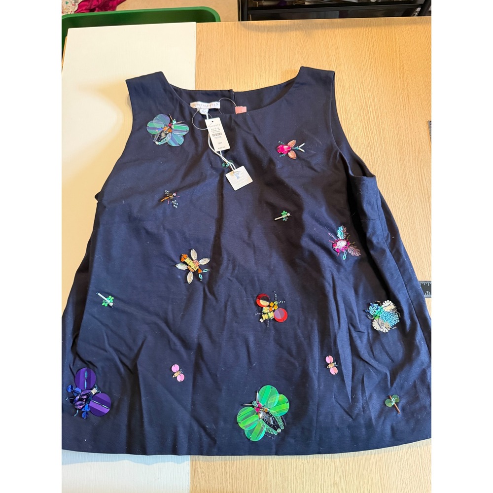 Talbots Navy Sleeveless Top with Colorful Floral and Insect Appliqués
